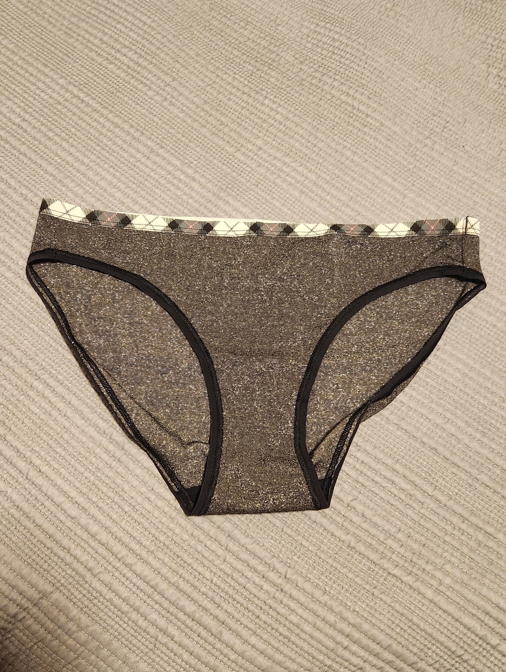 NWT Victoria's Secret 2010s Bikini Panties Sz M Black Metallic & Plaid Band